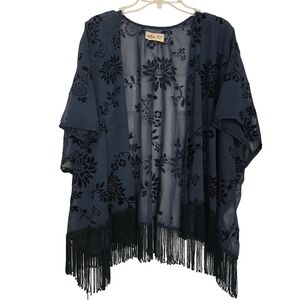 Hollister Blue Burnout Velvet Floral Fringe Kimono Wrap One Size Boho Festival